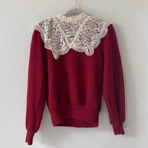 Elegant Red Lace Collar Sweater